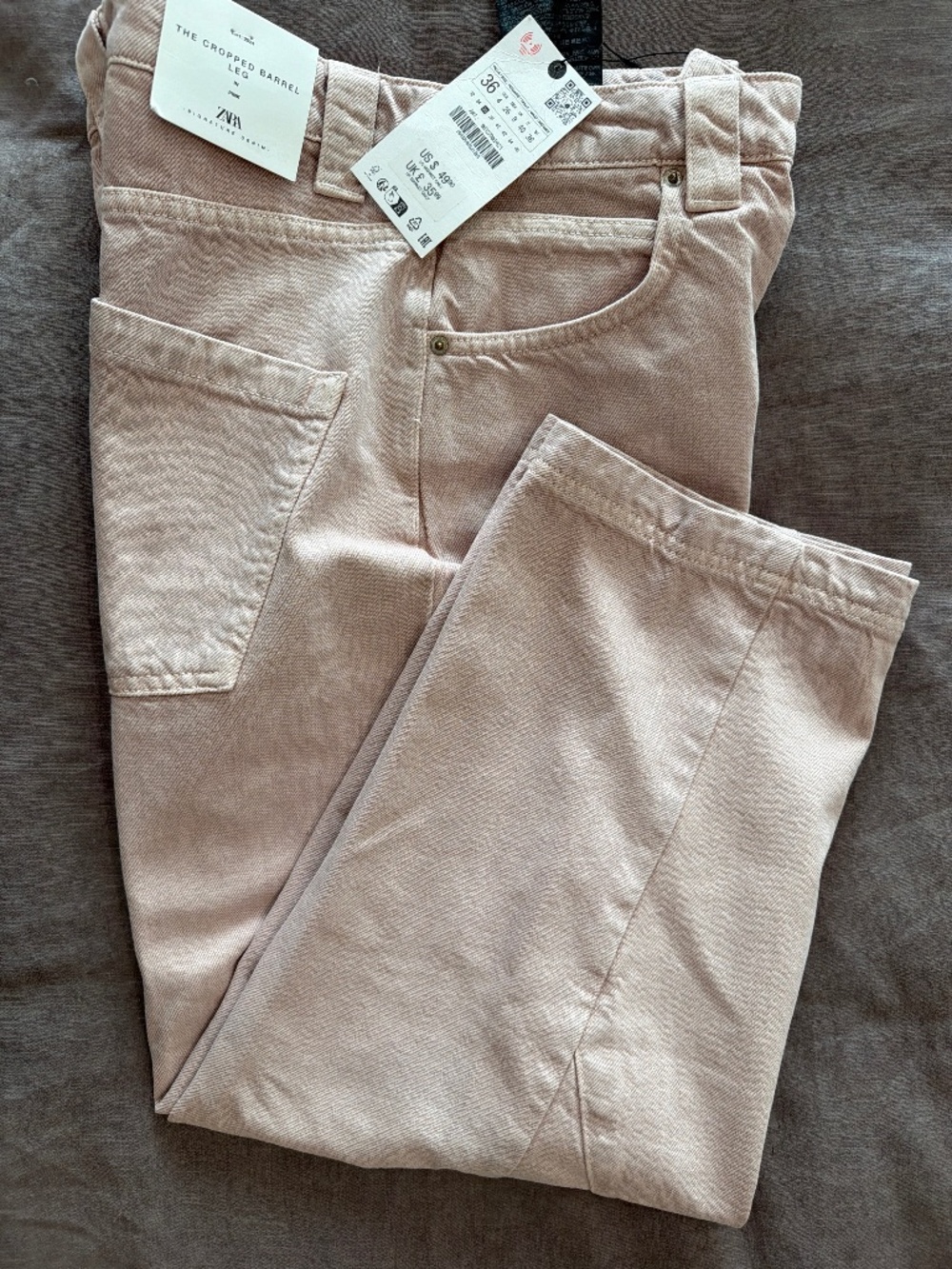 Zara Signature Denim Cropped Barrel Leg Jeans Blush Pink Size 4 NWT